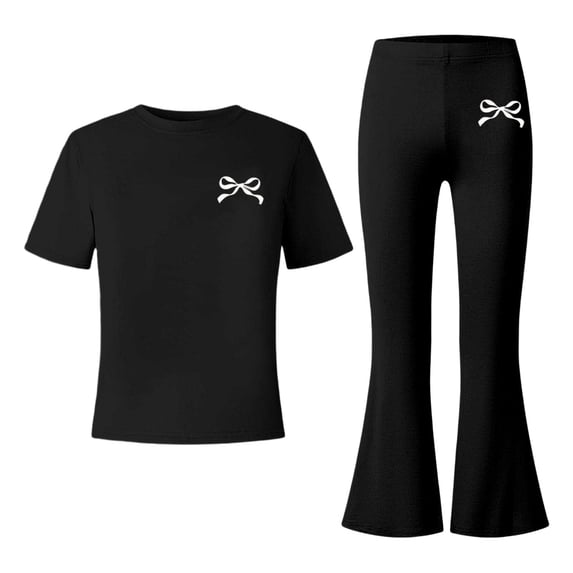 Tfken Girls Outfit Sets Bow Graphic Short Sleeve Tops With Flare-Leg Pants Set Summer Casual Toddler Classic Clothes Size 9-10 Years Black