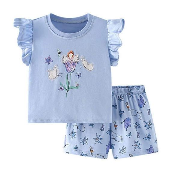 Tfken Girls Outfit Sets For Summer Crew Neck Print Fly Sleeve Tops With Shorts Set Summer Casual Fashion Kids Cute Outfit Blue Size 5-6 Years