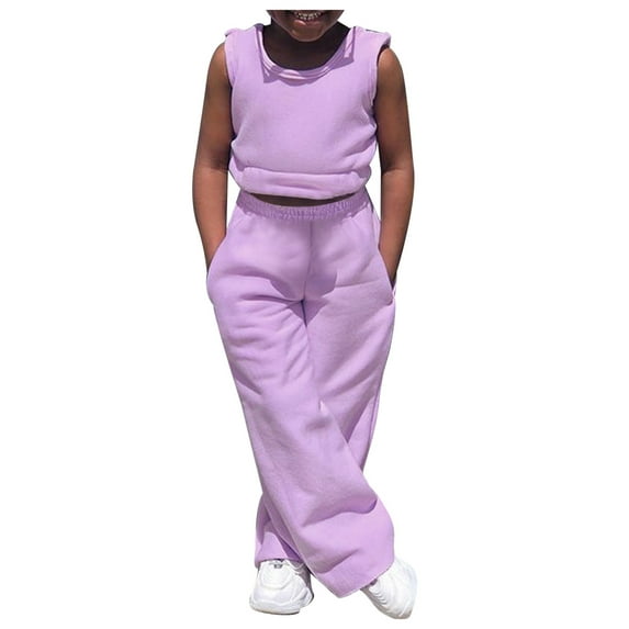 Tfken Girls Outfit Sets For Summer Crew Neck Sleeveless Solid Color Tops With Pants Set Fashion Casual Kids Cute Outfit Purple Size 18-24 Months