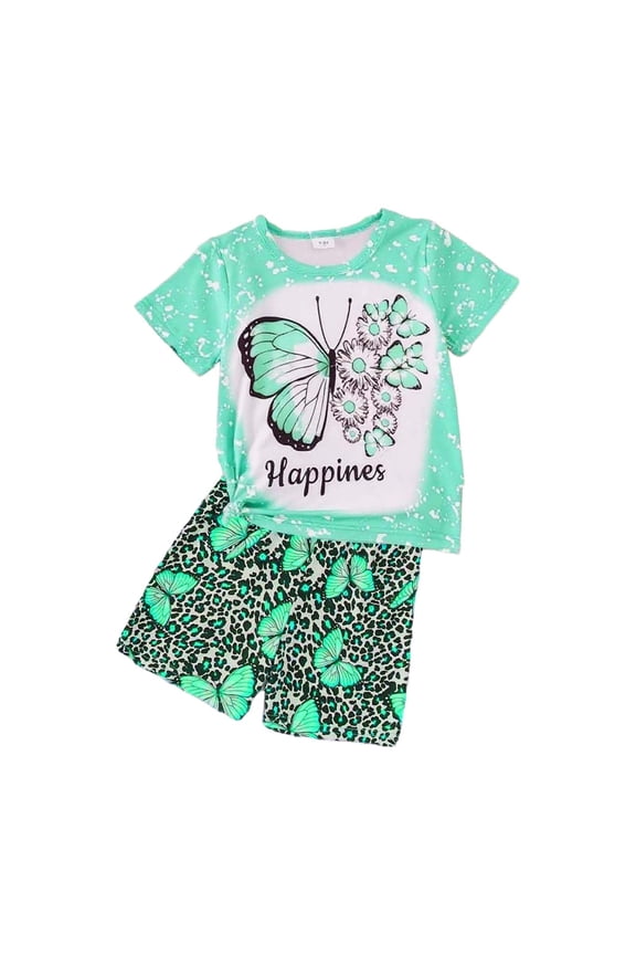 Girls Outfit Sets For Summer Short Sleeve Print Crew Neck Tops With Shorts Set Casual Summer Children Soft Outfit Green Size 3-4 Years