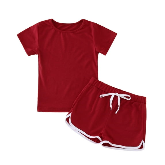 Tfken Girls Outfit Sets For Summer Solid Color Crew Neck Short Sleeve Tops With Shorts Set Fashion Casual Summer Kids Cute Outfit Red Size 3-4 Years