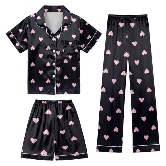 Tfken Girls Outfit Sets For Summer 3 Piece Button Print Lapel Neck Short Sleeve Tops And Pants With Shorts Set Sleepwear Casual Summer Teen Comfortable Outfit Black Size 6-7 Years