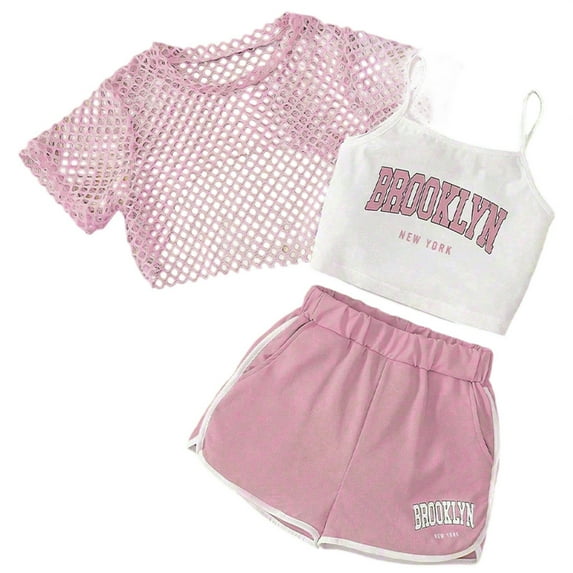 Tfken Girls Outfit Sets For Summer 3 Piece Short Sleeve Crew Neck Solid Color Mesh Tops And Letter Print Shorts With Spaghetti Strap Sleeveless Vest Set Fashion Kids Cute Outfit Pink Size 5-6 Years