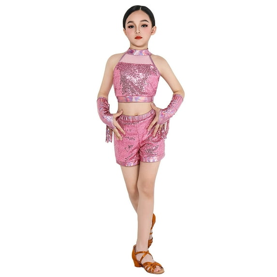Tfken Girls Outfit Sets For Summer 3 Piece Sleeveless Halter Neck Sequins Tops And Shorts Set With Tassels Accessory For Dance Performance Fashion Comfortable Outfit Pink Size 10-12 Years
