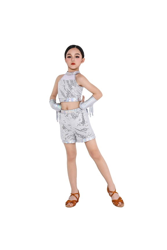 Girls Outfit Sets For Summer 3 Piece Sleeveless Halter Neck Sequins Tops And Shorts Set With Tassels Accessory For Dance Performance Fashion Comfortable Outfit Silver Size 10-12 Years