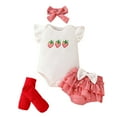 thumbnail image 1 of Tfken Girls Outfit Sets For Summer 4 Piece Crew Neck Fly Sleeve Strawberry Print Rompers And Ruffle Triangle Shorts Set With Headband And Footies Comfortable Outfit Pink Size 9-12 Months, 1 of 9