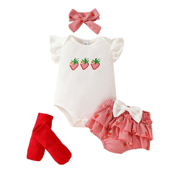 Tfken Girls Outfit Sets For Summer 4 Piece Crew Neck Fly Sleeve Strawberry Print Rompers And Ruffle Triangle Shorts Set With Headband And Footies Comfortable Outfit Pink Size 9-12 Months