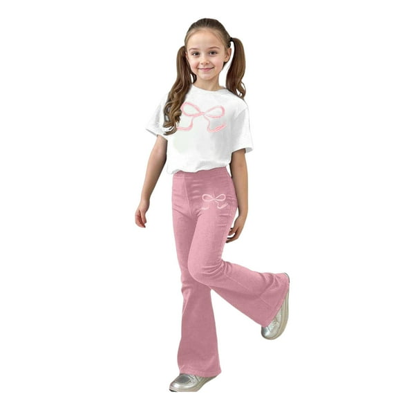 Tfken Girls Outfit Sets For Summer Short Sleeve Crew Neck Bowknot Print Tops With Flare-Leg Pants Set Fashion Summer Kids Cute Outfit Pink Size 13-14 Years