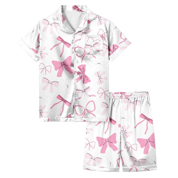 Tfken Girls Outfit Sets For Summer Short Sleeve Lapel Neck Bowknot Print Button Tops With Shorts Set Sleepwear Trendy Kids Soft Outfit Pink Size 10-11 Years