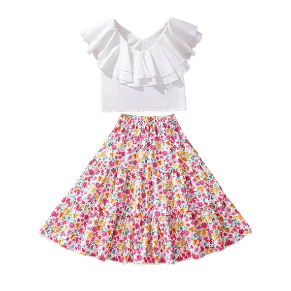 Tfken Girls Outfit Sets For Summer Solid Color Sleeveless Crew Neck Ruffles Tops With Floral Print Skirts Set Trendy Casual Children Soft Outfit Pink Size 7-8 Years