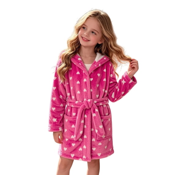 Tfken Girls Pajamas Robe Love Heart Graphic Flannel Sleepwear Long Sleeve Hooded Bathrobe With Pockets Loungewear Winter Homewear Casual Comfy Nightwear,Size 2-10 Years Pink