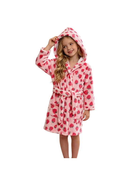 Girls Pajamas Robe Strawberry Print Cute Nightwear Flannel Long Sleeve Hooded Bathrobe With Pockets Winter Homewear Soft Casual Comfy Sleepwear,Size 2-10 Years Pink