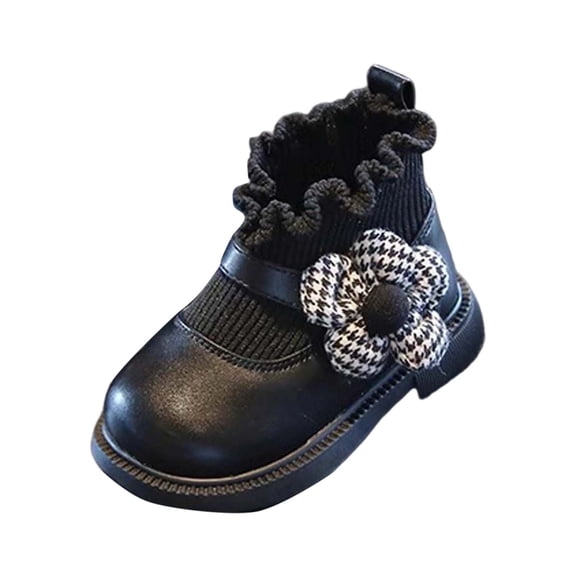 Tfken Girls Socks Boots For Children Flower Style Pu Buckle Ankle-High Length Soft Soft Sole Black Boots Size 6-12 Months