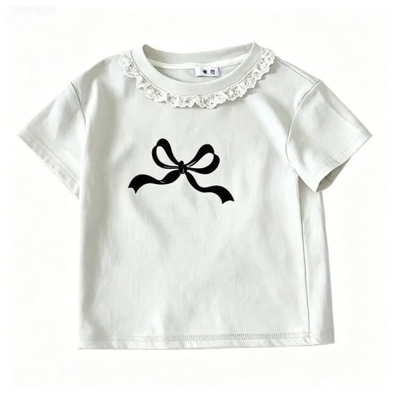 Tfken Girls Soft Comfy Tops Holiday Daily Wear Short Sleeve Tees Tshirts Bowknot Graphic Print T-Shirts Fashion Child Stretch Clothes Size 8-9 Years