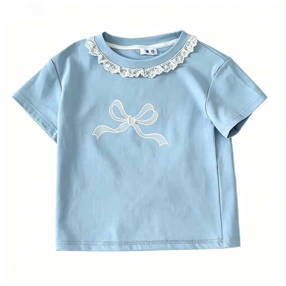 Tfken Girls Soft Comfy Tops Holiday Daily Wear Short Sleeve Tees Tshirts Bowknot Graphic Print T-Shirts Fashion Children Trendy Clothes Size 4-5 Years