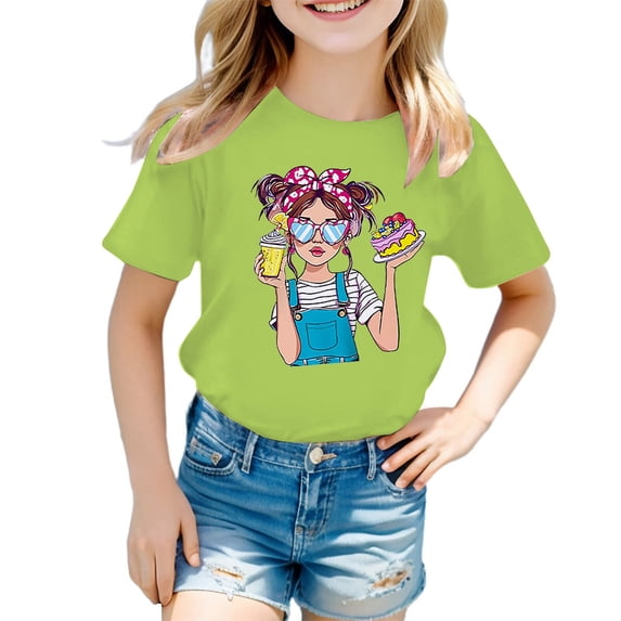 Tfken Girls Soft Comfy Tops Holiday Daily Wear Short Sleeve Tshirts Tees Print Graphic Comfortable T-Shirts Child Stretch Clothes Size 3-4 Years