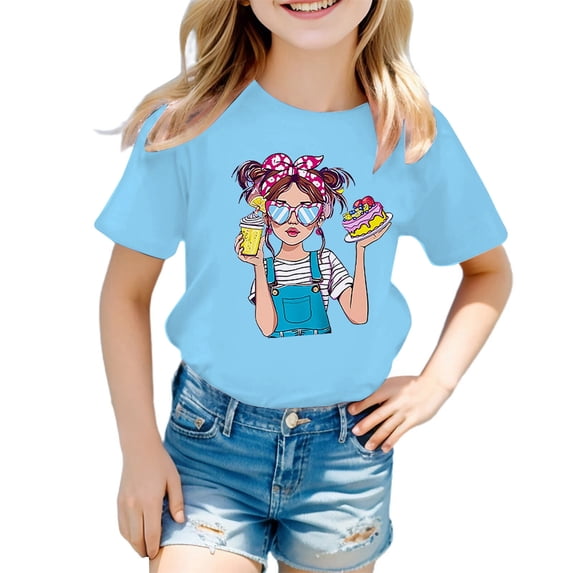 Tfken Girls Soft Comfy Tops Holiday Daily Wear Short Sleeve Tshirts Tees Print Graphic Comfortable T-Shirts Children Trendy Clothes Size 3-4 Years