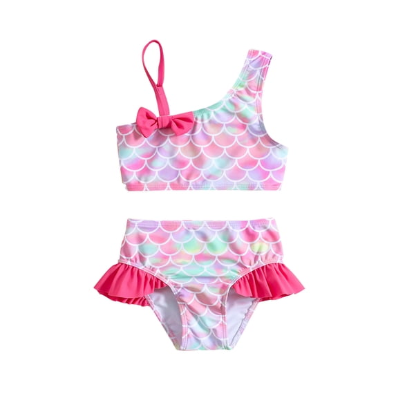 Tfken Girls Swimwear For Summer 2 Pieces Print Sleeveless Spaghetti Strap Vest With Ruffles Bikini Bottom Set Swimsuit Beach Toddler Soft Bathing Suit Pink Size 5-6 Years
