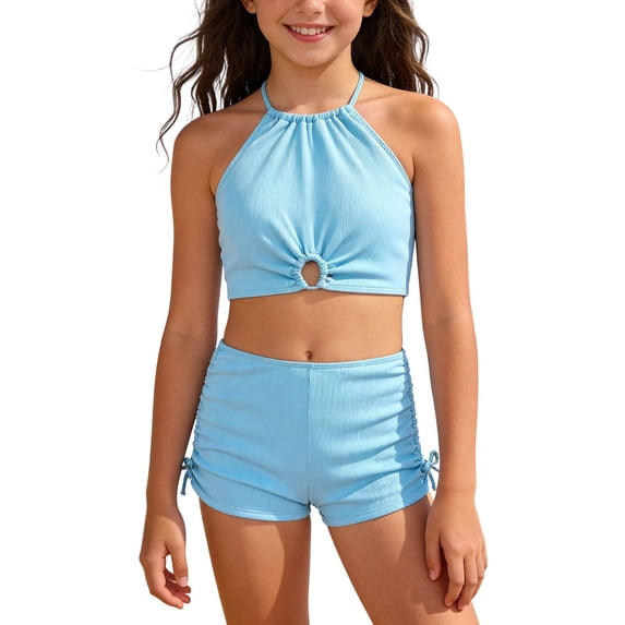 Tfken Girls Swimsuit Set Outfits Summer Swim Beach 2 Piece Sleeveless Bikini Vest With Swimming Trunks Set Drawstring Swimwear Kids Comfortable Bathing Suits Size 13-14 Years Blue