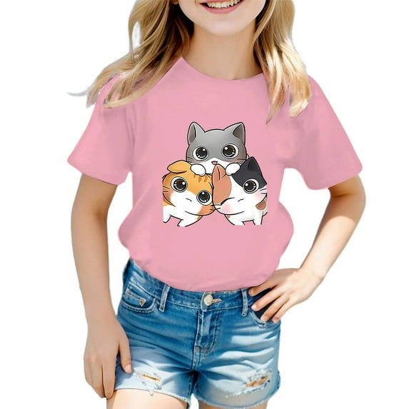 Tfken Girls Tees For Summer Cat Print Short Sleeve Crew Neck Tops Daily Wear Trendy Kids Comfortable Shirts Pink Size 5-6 Years
