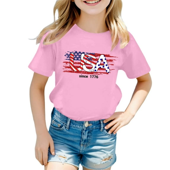 Tfken Girls Tees For Summer Short Sleeve Crew Neck Print Tops For Independence Day Trendy Casual Toddler Soft Tops Pink Size 9-10 Years