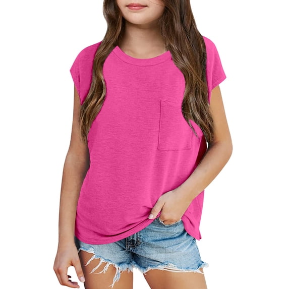 Tfken Girls Tees For Summer Solid Color Crew Neck Short Sleeve Tops Daily Wear Trendy Kids Comfortable Shirts Pink Size 3-4 Years