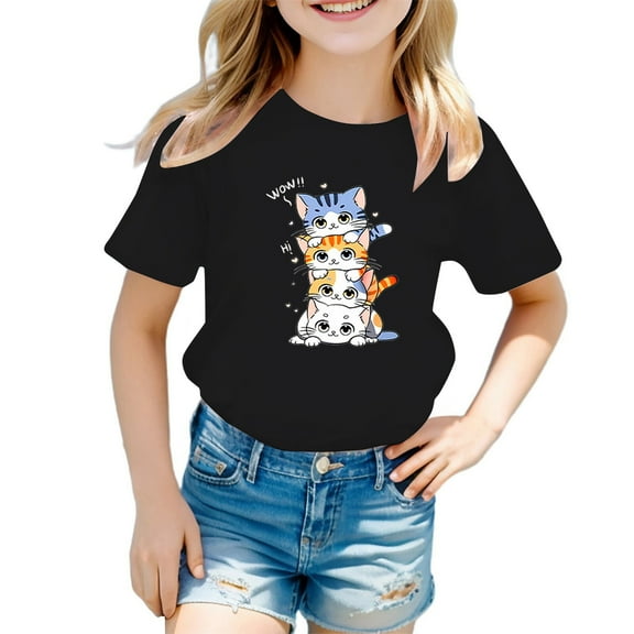 Tfken Girls Tshirts Children Cute Cat Cartoon Print Short Sleeve tops Summer soft Crew Neck tee Black Size 11-12 Years