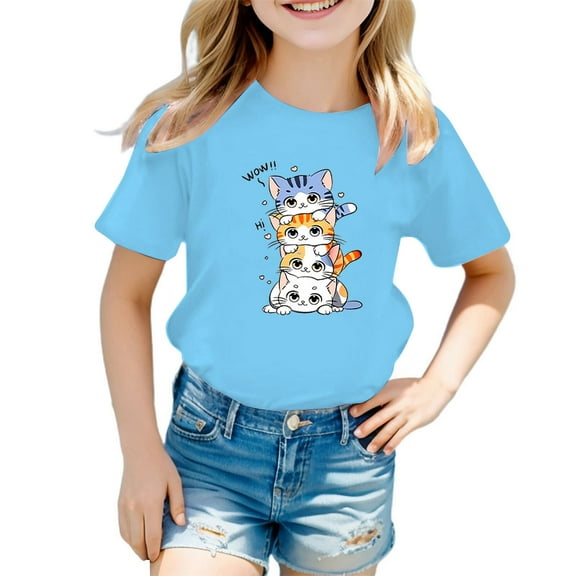 Tfken Girls Tshirts Children Cute Cat Cartoon Print Short Sleeve tops Summer soft Crew Neck tee Blue Size 7-8 Years