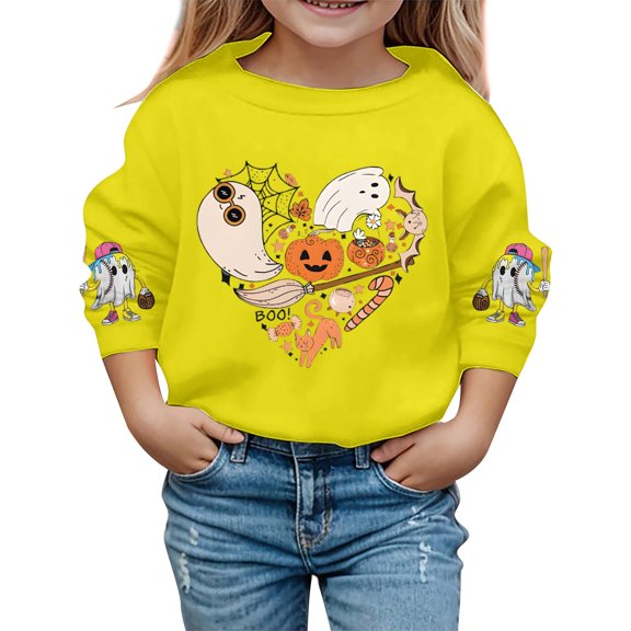 Tfken Halloween Child Girls Sweatshirt Crew Neck Long Sleeve Pumpkin Print Pullover Sweater Relaxed Fit Yellow Tops Size 5-6 Years