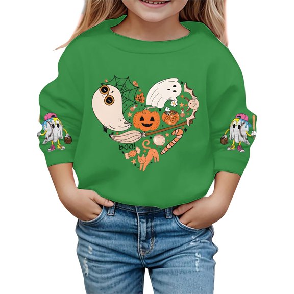 Tfken Halloween Child Girls Sweatshirt Crew Neck Long Sleeve Pumpkin Print Tops Comfortable Green Pullover Sweater Size 5-6 Years