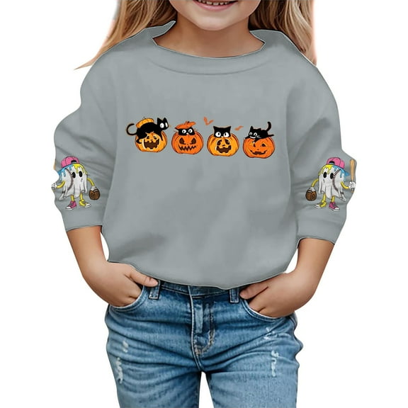 Tfken Halloween Child Girls Sweatshirt Crew Neck Long Sleeve Pumpkin Print Tops Soft Grey Pullover Sweater Size 5-6 Years