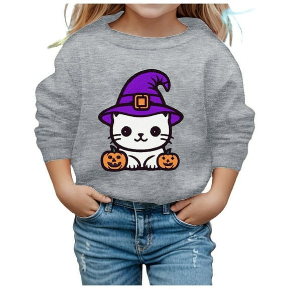 Tfken Halloween Child Girls Sweatshirt Fall Car Print Crew Neck Soft Grey Pullover Sweater Size 8-9 Years