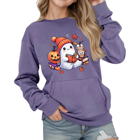 Tfken Halloween Children Girls Sweatshirt Fall Cute Print Crew Neck Daily Wear Purple Pullover Sweater Size 9-10 Years