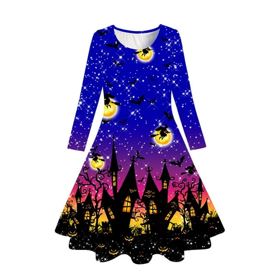 Tfken Halloween Dress For Girls Comfortable Cartoon Print A-Line Outdoor Dresses Blue Size 8-9 Years