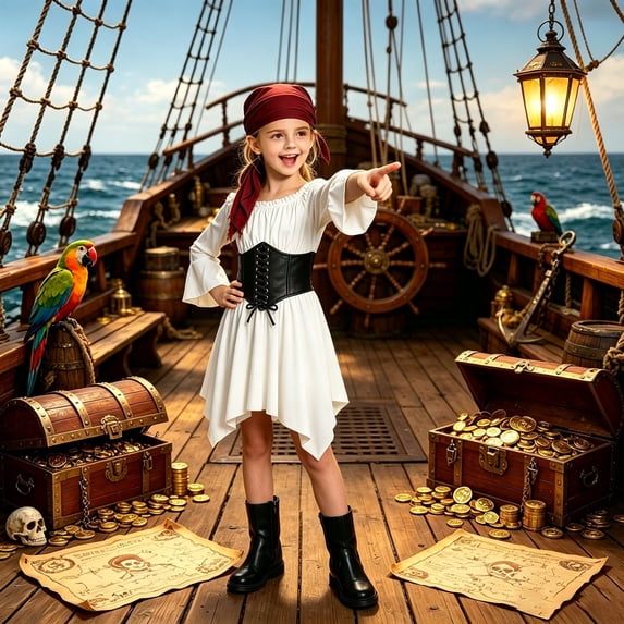 Tfken Halloween Girls Pirate Costume Dress Off Shoulder Flare Sleeve With Corset Waist Belt Fancy Outfit Sets For Cosplay Party,Size 4-14 Years White
