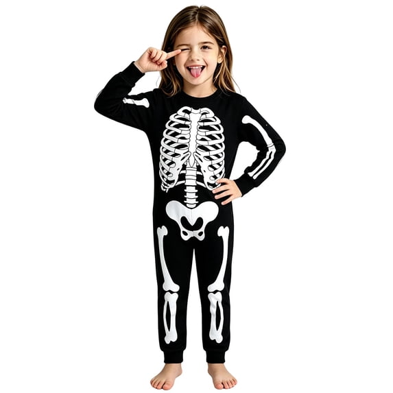 Tfken Halloween Skeleton Graphic Pajamas Outfit Set For Girls Long Sleeve Tops Elastic Waist Pants Set Loungewear Cute Homewear Sleepwear Festival Kids Comfy Pjs Clothes Size 7-8 Years