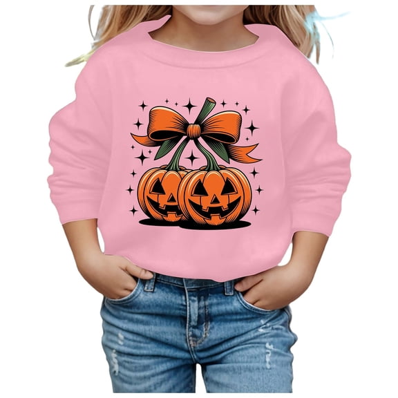 Tfken Halloween Sweatshirt For Girls Fall Pumpkin Print Crew Neck Casual Pink Pullover Sweater Size 3-4 Years