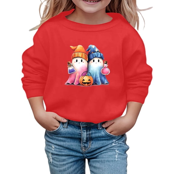 Tfken Halloween Sweatshirt For Girls Kids Crew Neck Long Sleeve Cartoon Print Tops Relaxed Fit Red Pullover Sweater Size 9-10 Years