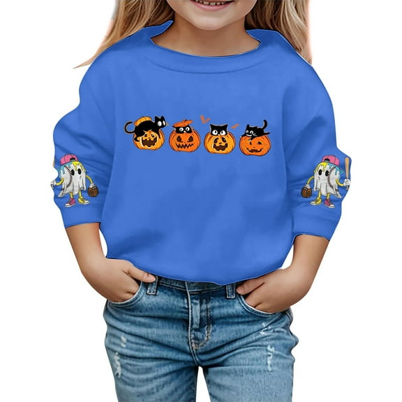 Tfken Halloween Sweatshirt For Girls Kids Crew Neck Long Sleeve Pumpkin Print Tops Relaxed Fit Blue Pullover Sweater Size 11-12 Years