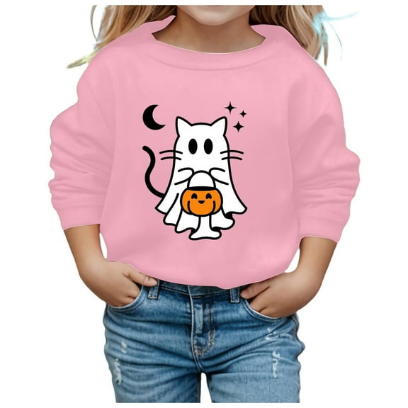 Tfken Halloween Sweatshirt For Girls Kids Fall Cartoon Print Crew Neck Leisure Pink Tops Size 3-4 Years