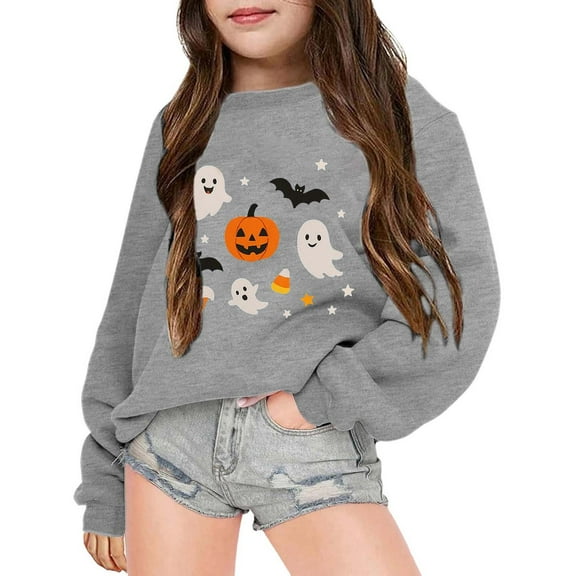 Tfken Halloween Sweatshirt For Toddler Girls Long Sleeve Crew Neck Cartoon Print Tops Summer Fashion Pullover Sweater Size 13-14 Years Grey