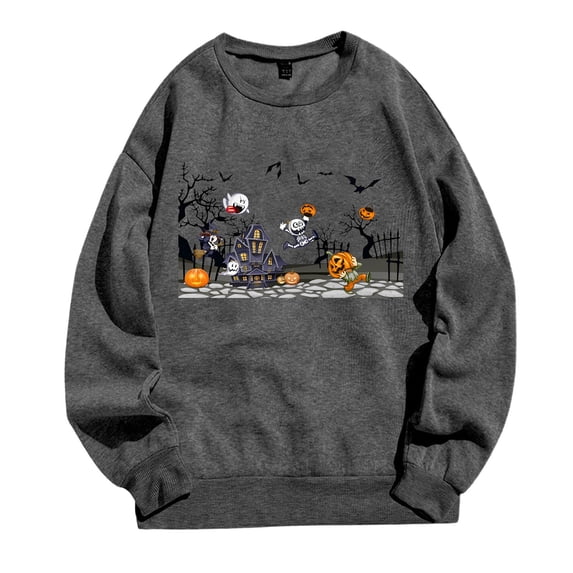 Tfken Halloween Sweatshirts For Mens Long Sleeve Festival Graphic Print Halloween Sweatshirts Soft Loose Trendy Pullover Outdoor Fall Winter Warm Men Classic Clothes Gray
