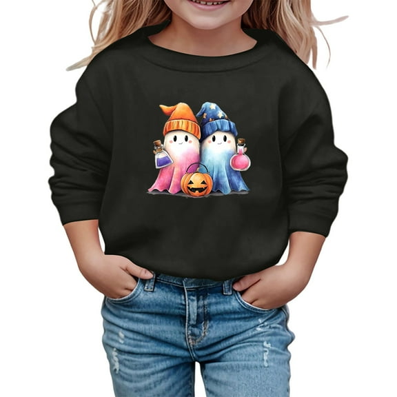 Tfken Halloween Teen Girls Sweatshirt Crew Neck Long Sleeve Cartoon Print Tops Comfortable Black Pullover Sweater Size 3-4 Years