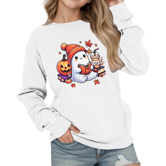 Tfken Halloween Teen Girls Sweatshirt Cute Print Long Sleeve Crew Neck Comfortable Winter White Tops Size 7-8 Years
