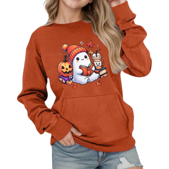 Tfken Halloween Toddler Children Girls Sweatshirt Cute Print Long Sleeve Crew Neck Outdoor Winter Orange Pullover Sweater Size 2-3 Years