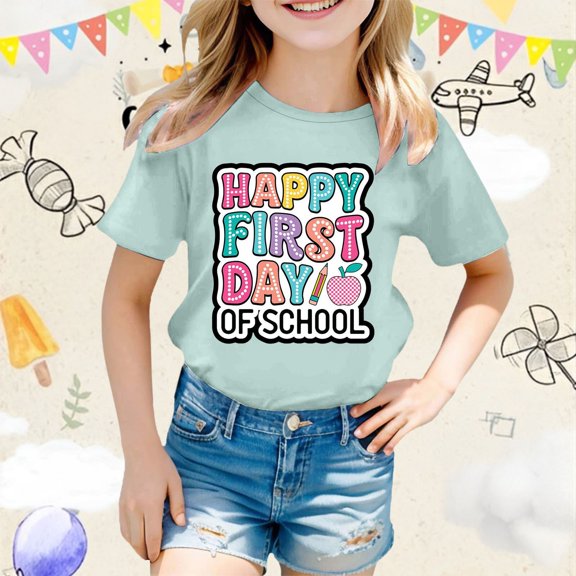Tfken Happy First Day Of School Tops For Girls Toddler Size 8 Years-9 Years Short Sleeve Letter Print Tee Cute Elegant Light Green T-Shirts