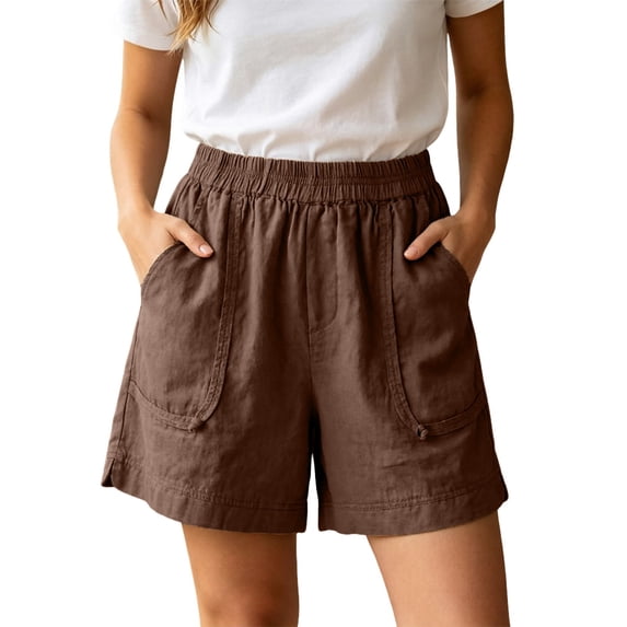 Tfken High Waisted Shorts Women Stretch Stretchy Linen Casual Shorts Wide-Leg Pockets Short Pants Elastic Waist Ladies Comfortable Clothes Vacation Brown