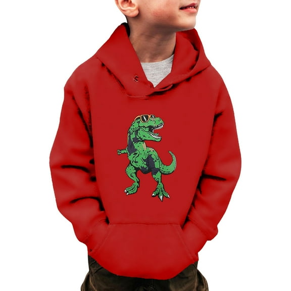 Tfken Hoodies For Boys Comfortable Hooded Dinosaur Print Tops Cushy Red Sweatshirt Size 7-8 Years