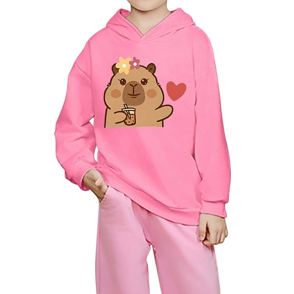 Tfken Hoodies For Girls Casual Long Sleeve Capybara Print Sweatshirt Soft Fall Hooded Pink Tops Size 7-8 Years
