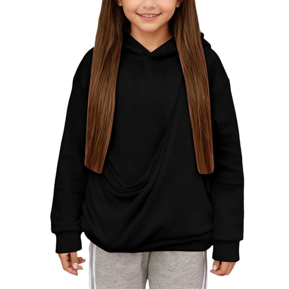 Tfken Hoodies For Girls Kids Comfortable Hooded Pocket Sweatshirt Cushy Black Tops Size 7-8 Years
